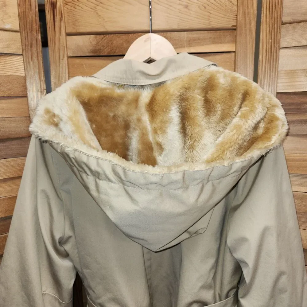 Vintage AstorOne Tan Trench Coat Removable Fleece Liner Hood Winter Women 14